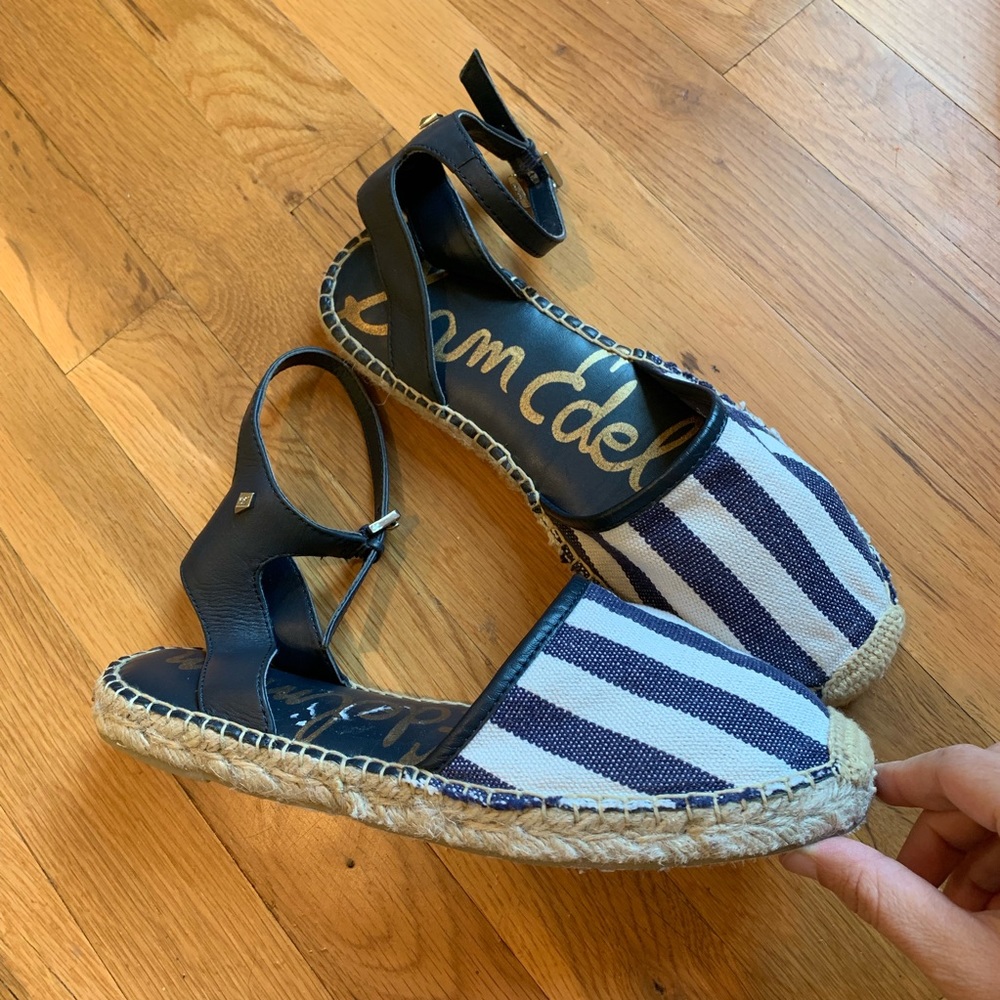 Sam Edelman ankle tie espadrilles in navy & white